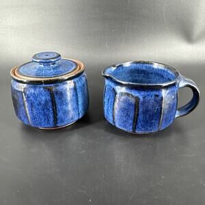 Blue Studio Art Pottery Sugar Bowl and Creamer Signed Handmade Stoneware